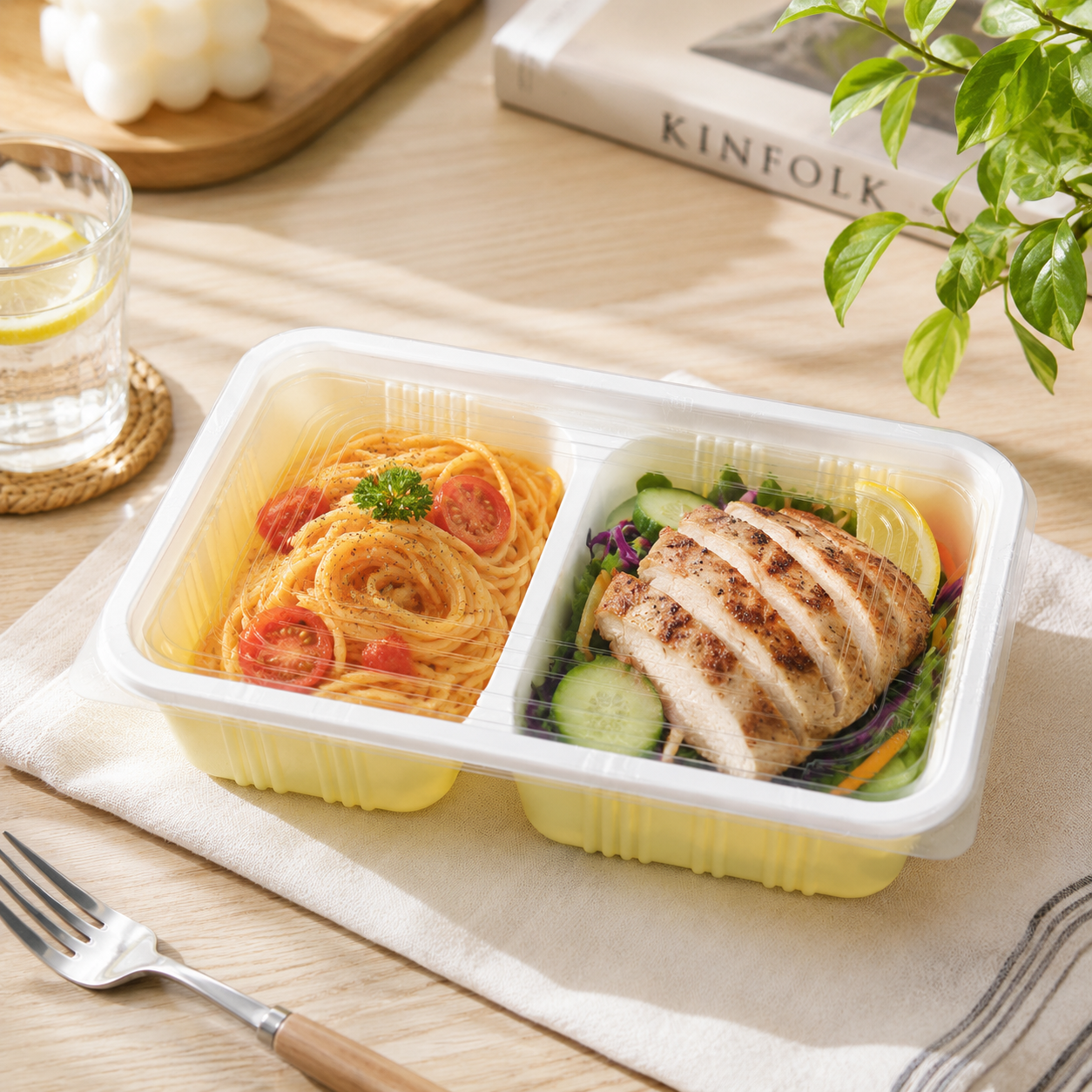 Clear Lid Two Section PP Meal Tray Yellow for Bento Takeout