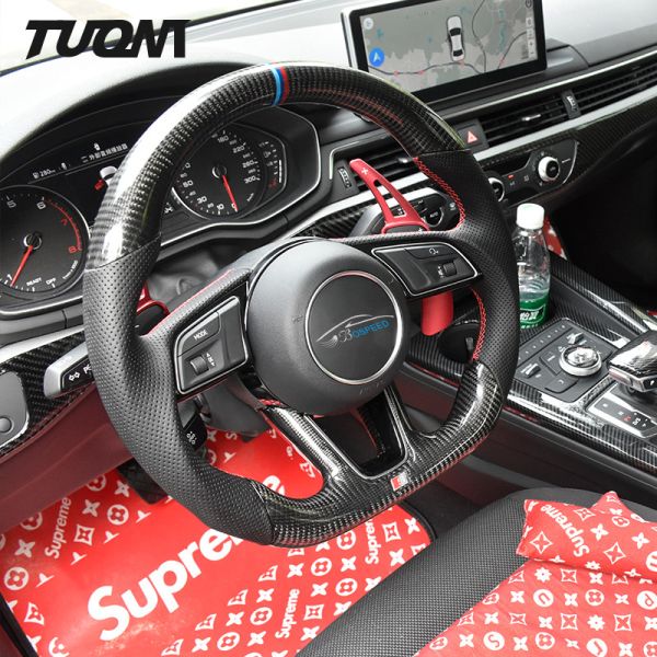 Black Round Led Leather Audi Carbon Fiber Steering Wheel Plain Weave OEM