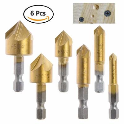 O bocado de broca do escareador do HSS ajustou 6 PCes 1/4 encanta a superfície revestida Titanium da pata