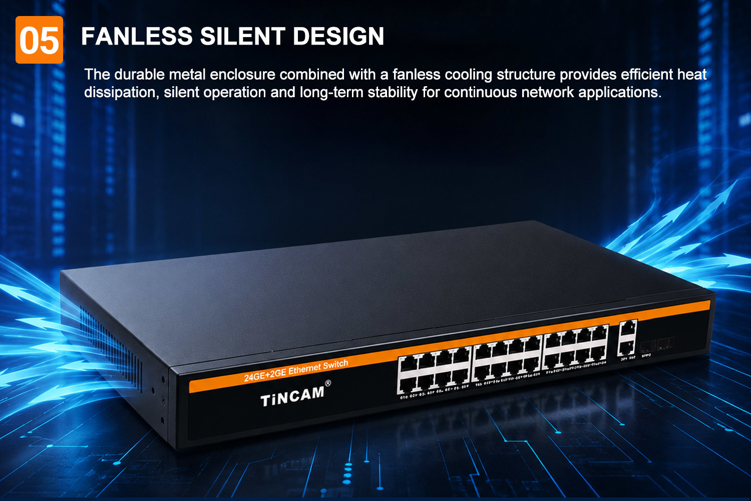 26 Port Gigabit Ethernet Switch 24 x Gigabit RJ45 Ports + 2 x Gigabit Uplink Ports 1U Rack Mount Unmanaged Network Switch TBC-S5024U-2G