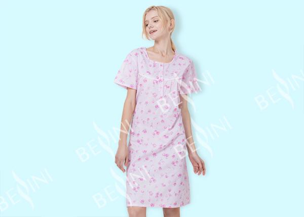 65% Polyester 35% Cotton Ladies Night Dresses Sleepwear Gathers Lace Yoke Button Placket