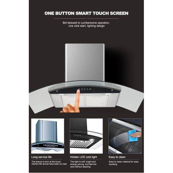 Sleek Curved Glass Cooker Hood Range 1200 Cfm Arc Shape