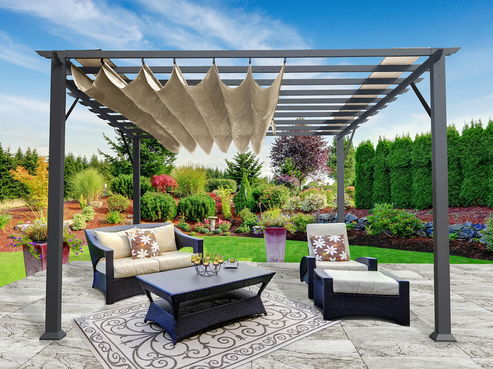 Крыша с лавровым покрытием, современная алюминиевая пергола, устойчивая к ультрафиолету.