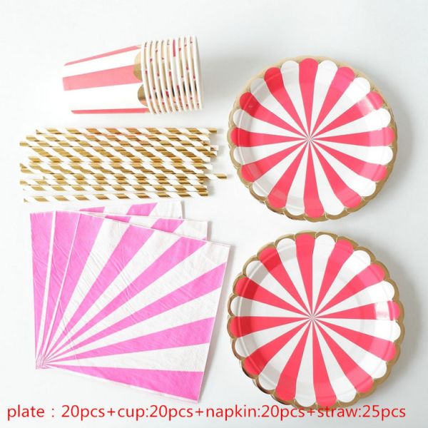 Baby Pink Striped Afternoon Tea 18th 30th 40th Birthday Disposable Party Tableware