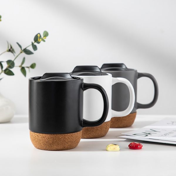 450ML Custom Logo Matte Black White Cork Base Ceramic Coffee Travel Mug With PP Lid