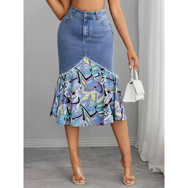 Denim Patchwork Floral Midi Skirt with A-Line Silhouette and Soft Durable Fabric