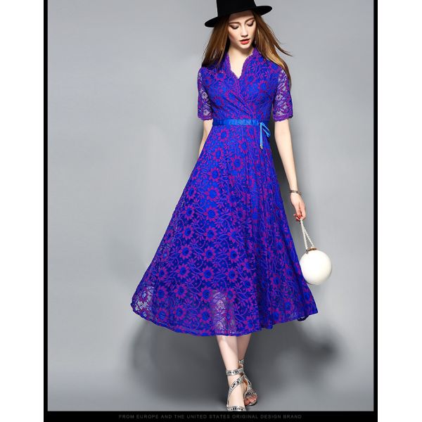 yellow hot sale women lace-up polyester lace dress