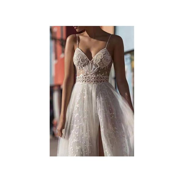 Off White Sling High Slit Lace A Line Bridal Gowns With Many Beads