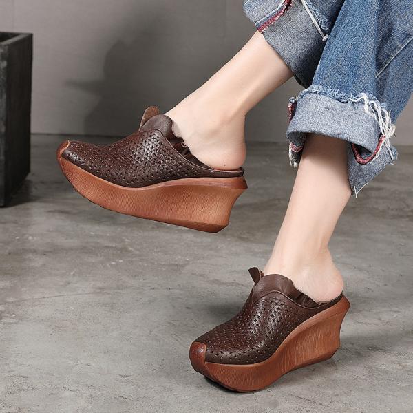 S464 Leather Casual Ethnic Style Sandals Retro Hollow Sponge Cake Wedges With Slippers Handmade Women'S Shoes Explosive