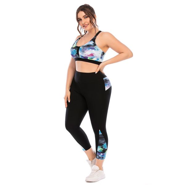 Women Workout Sports Bra And Leggings Set Printed Pattern Plus Size Zipper Pocket