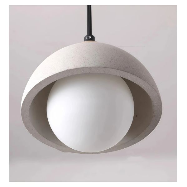 JYLIGHTING Nordic Cement & Wood Dome Pendant Light, Modern Half-Sphere Hanging Lamp with Frosted Glass Globe for Kitchen Island & Dining Room