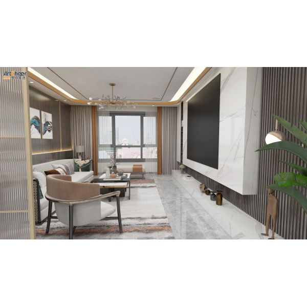 Деревянный стендовый телевизор в высокой блестящей отделке для хранения в современной гостиной