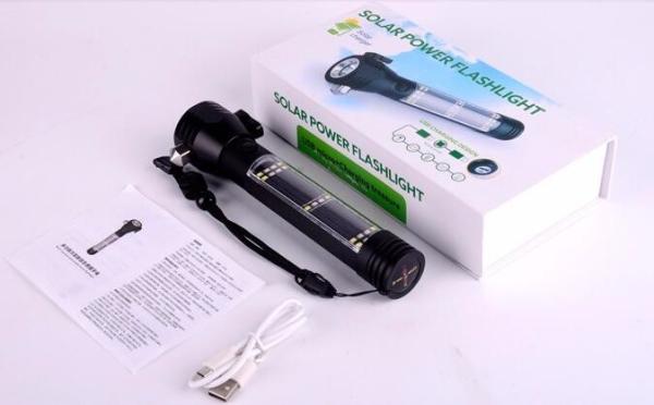 Solar Charging LED Flashlight with Compass, Safety Hammer,Belt Cutter,Magnet .