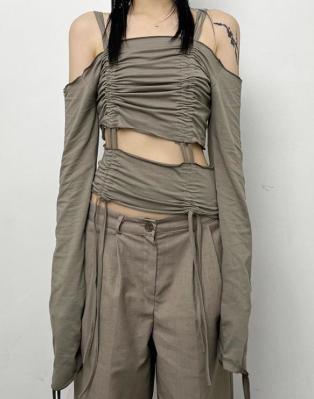 Apparel Custom Factory Women'S Off - The - Shoulder Pleated Long - Sleeved Hollow Sling Blouse Top