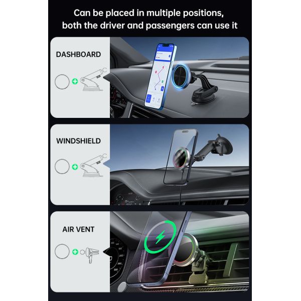 Iphone Car Charger Ultra Small Diameter Magnetic Wireless Charger Car Mount Aluminium Alloy Texture RGB Light Effect