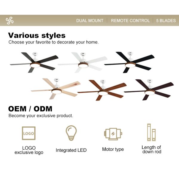 OEM LED Ventilador de teto 54 polegadas 6 velocidades controle remoto Dimmable luz 3 opções de cores
