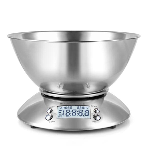 Balance de cuisine numérique intelligente avec bol en acier inoxydable, graduation de 1g et fonction de pesée séparée, écran LCD, capacité de 5 kg