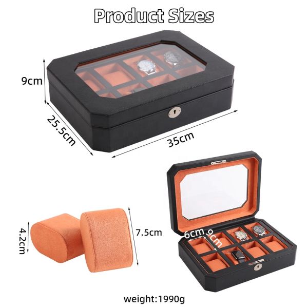 Custom Handmade Pu Leather Luxury Brand 8 Slots Key Lock Watch Box Organizer Case