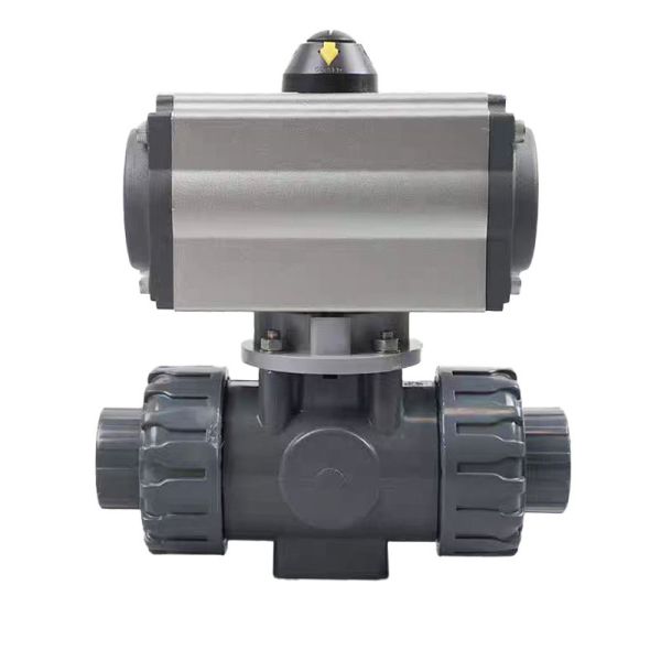 Industrial UPVC Pneumatic Three Way Ball Valve L T Flow Type Socket Union Anti Acid Alkali PVC Ball Valve for Chemical Industry