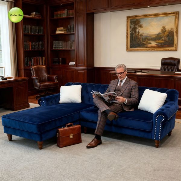 Navy Chesterfield L Shaped Sectional Sofa Couch 35D Sponge Water Repellent