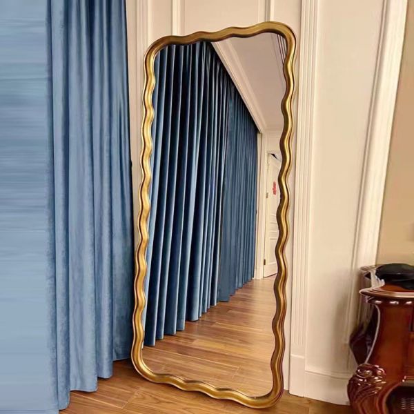 Wavy Beveled Floor Mirror Wood Frame 600mm For Modern Bedroom Decoration
