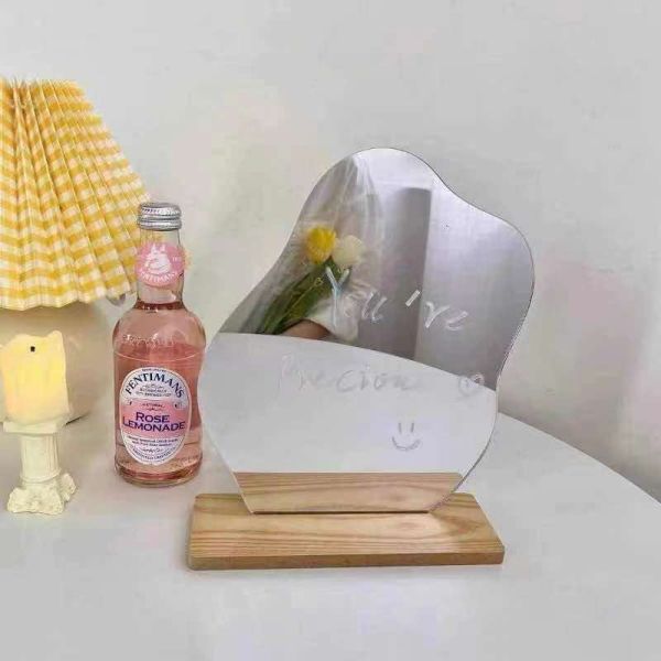 Curvy Portable Lighted Makeup Mirror Wood Stand For Vanity