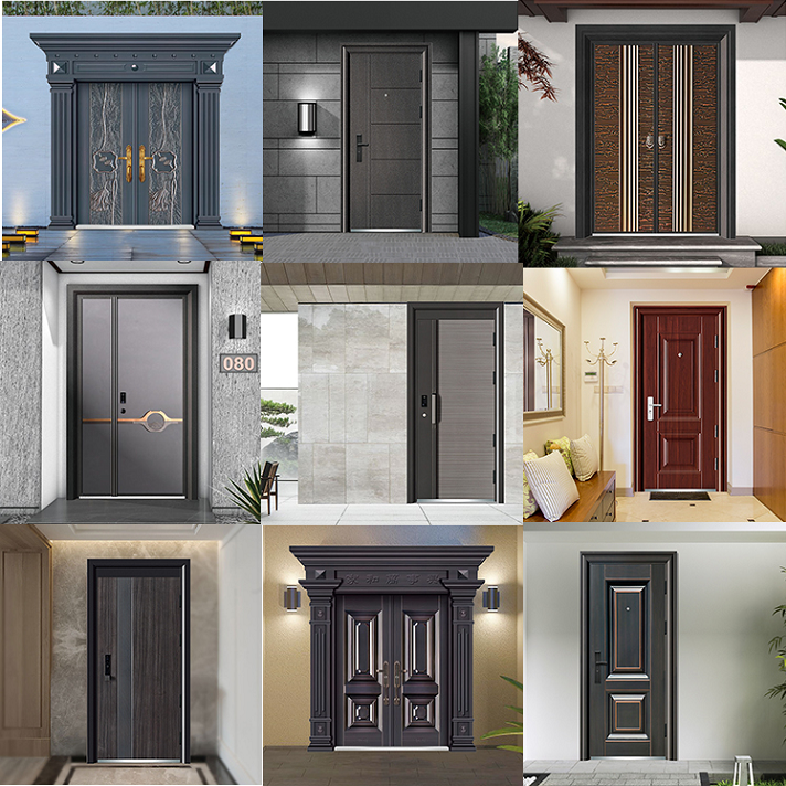 China Suppliers Luxury Front Security Exterior Doors Deep Embossing Double Leaf Panel Entry Front Steel Door for House with Smart Lock