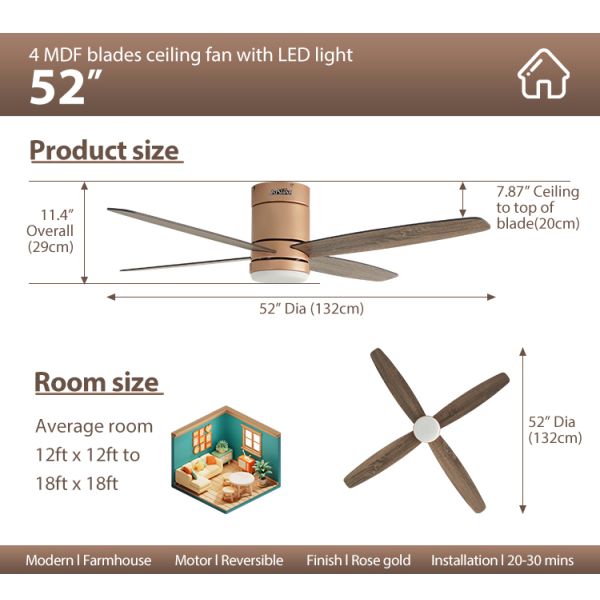 Low Profile 4 MDF Blades LED Ceiling Fan com controle inteligente e CCT 3000K/4500K/6000K