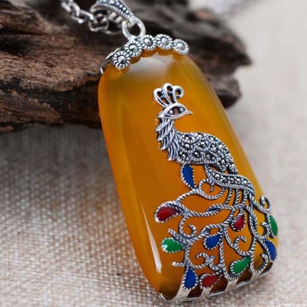 Retro Thailand Sterling Silver Synthesized Yellow Chalcedony Pendant Necklace(052775W)