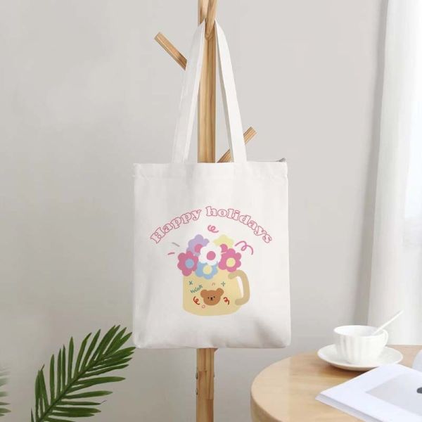 Daily Life Custom Printed Logo Cotton Canvas Tote Bag Foldable Reusable Shopping Bag