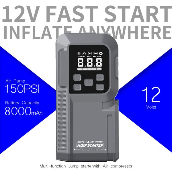 Smart 12V Car Jump Starter with 1000A Peak Current 150 PSI Air Compressor and Digital Display