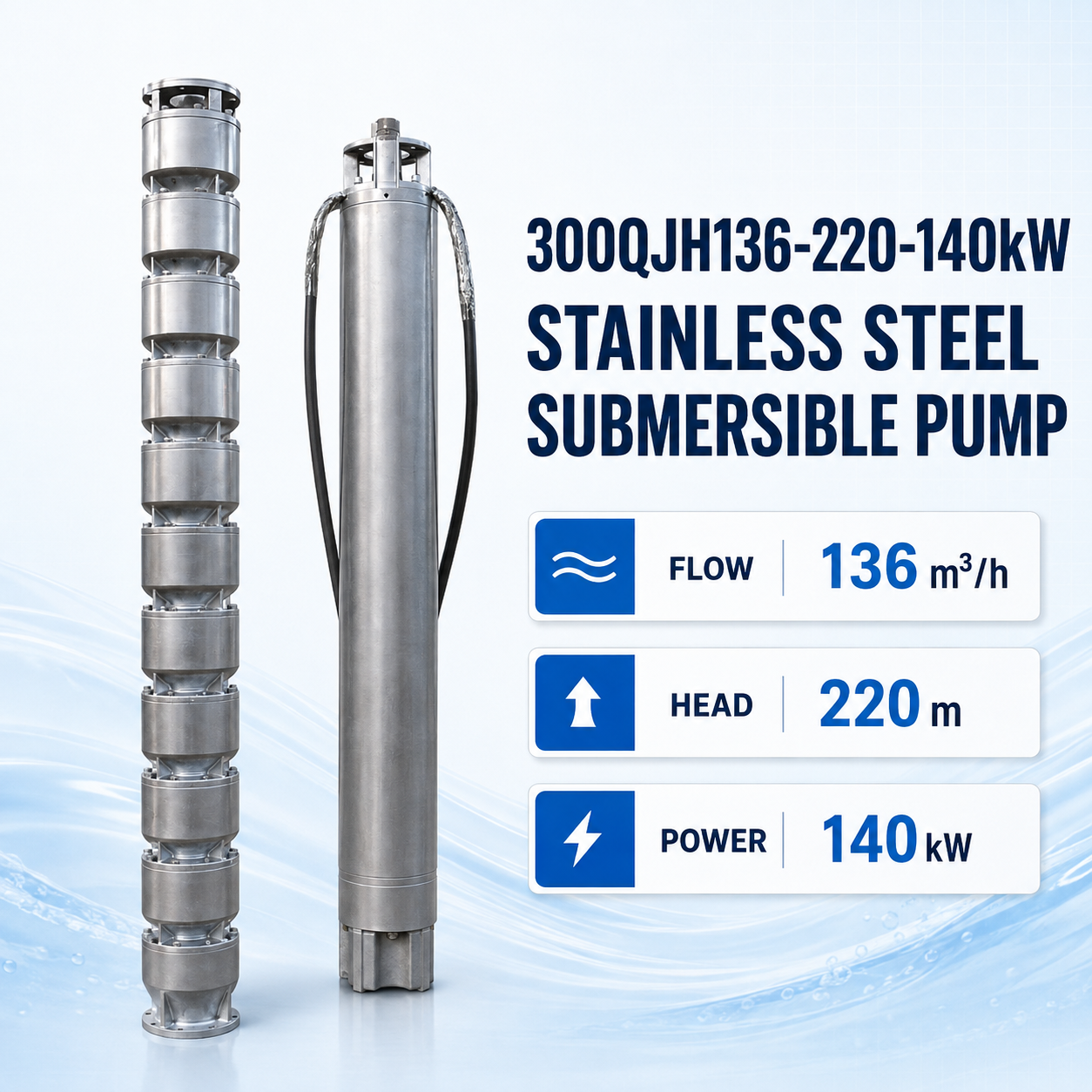 140 kW Stainless Steel Submersible Pump with 220 m Head and 136 m³/h Flow for Deep Well Applications