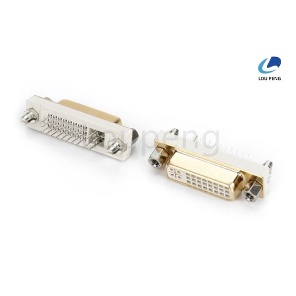 DVI 24+5pin 180 degrees, female connector, semi-gold white, gold-plated casing, riveted copper pillars, screws.