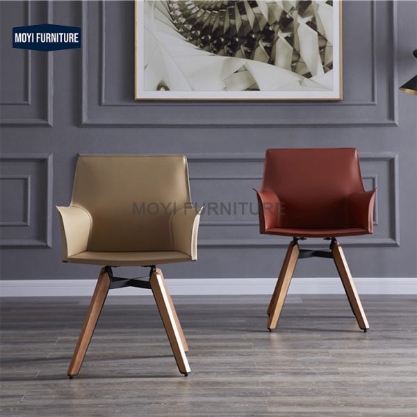 Dining Chair Ash Wood Frame Modern Saddle Leather Seat Metal Arm and Frame Structure Suitable for Restaurant