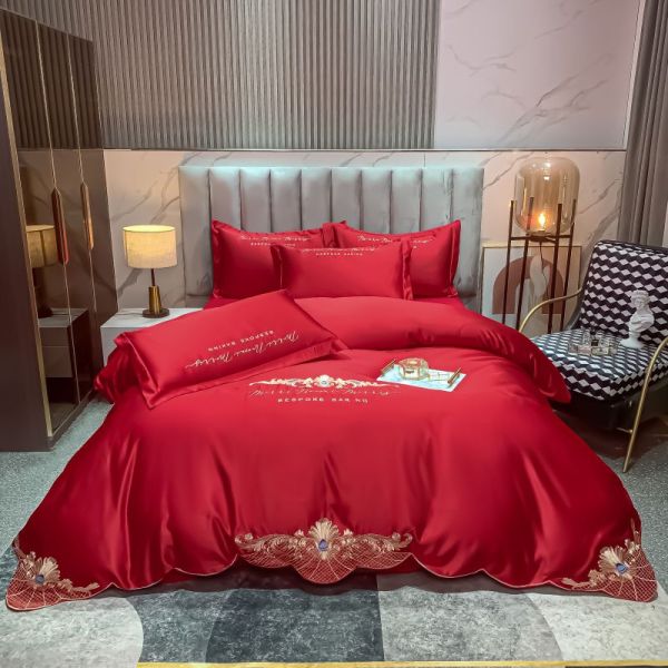 125gsm Washed Silk Embroidery 4pcs Bedding Sets King Size European Style Collections