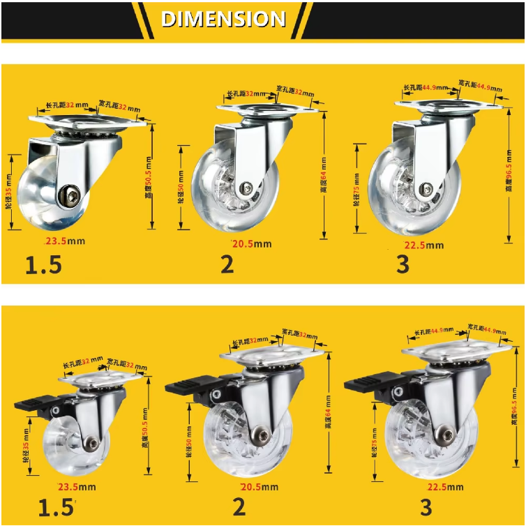 2-Inch 3-Inch and 4-Inch 100 mm Clear Swivel Brake Caster Wheels Made of Silicone for Office Chairs Cabinets and Furniture
