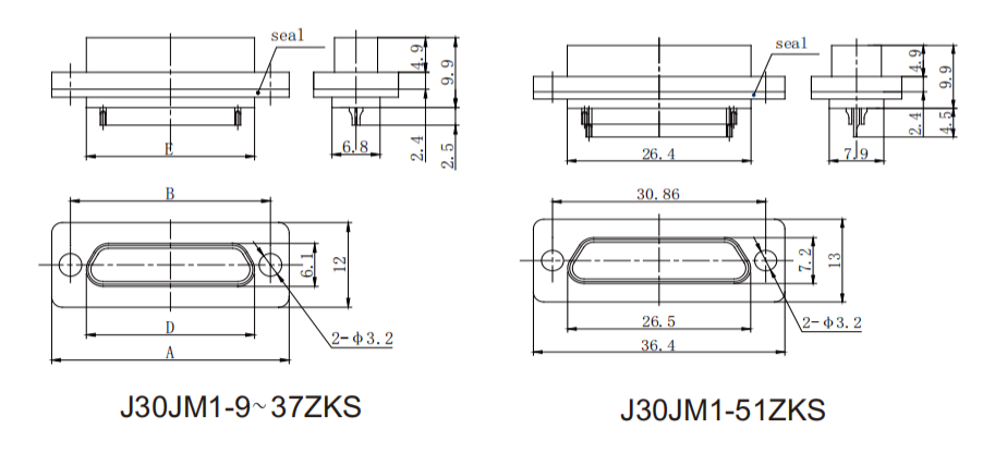 Micro Rectangular Connector J30JM1-9ZKS Glass Sealed Connector 9 Pins Jack (Female) Connector