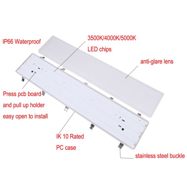 100W 3500K 4FT LED Vapor Tight Light Fixture with Transparent Polycarbonate Diffuser