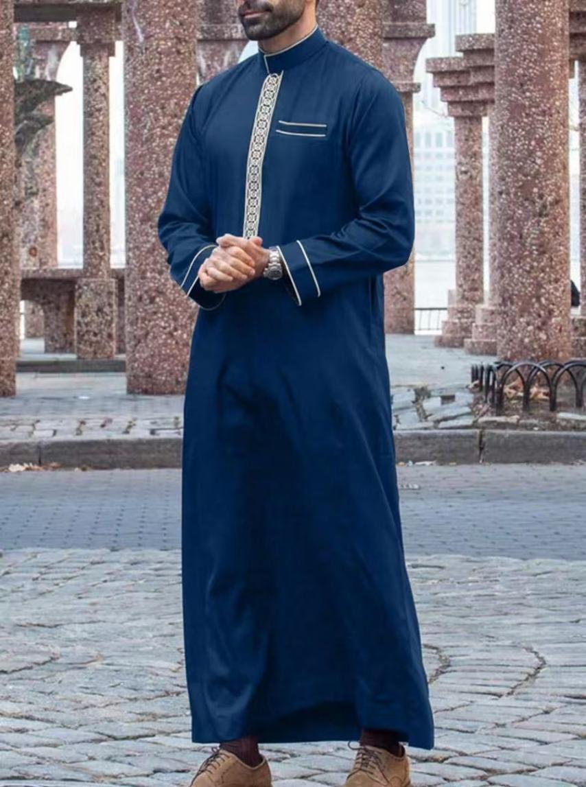 KM001 Middle Eastern Men's Embroidered Thobe / Jubba (Black With Gold Embroidery)