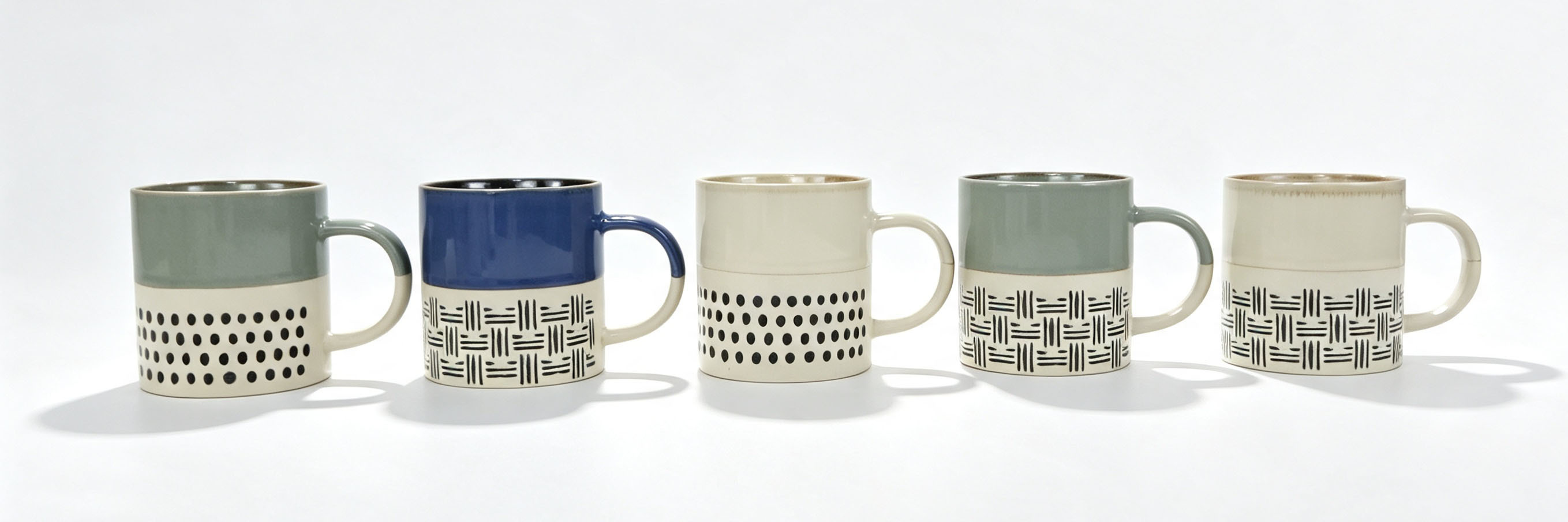 Set of 5 Two-Tone Hand Drawn Geometric Ceramic Mugs, Split Glaze Black Dot & Line Pattern Stoneware Coffee Cups, Sage Green, Deep Blue & Cream Neutral Stackable Tea Mugs Microwave Dishwasher Safe