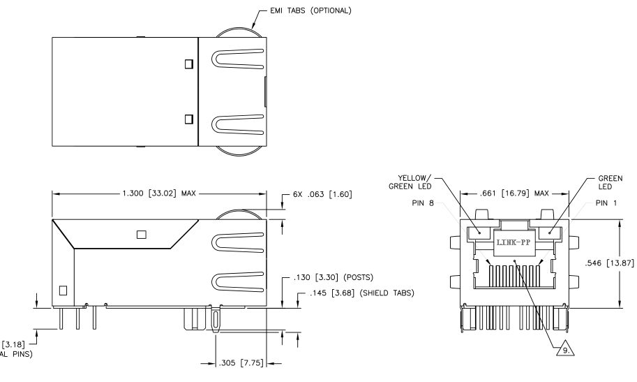 EMI угла Через-Отверстия Основания-T RJ45 10/100/1000 JXK0-0136NL магнитным защищаемый правом