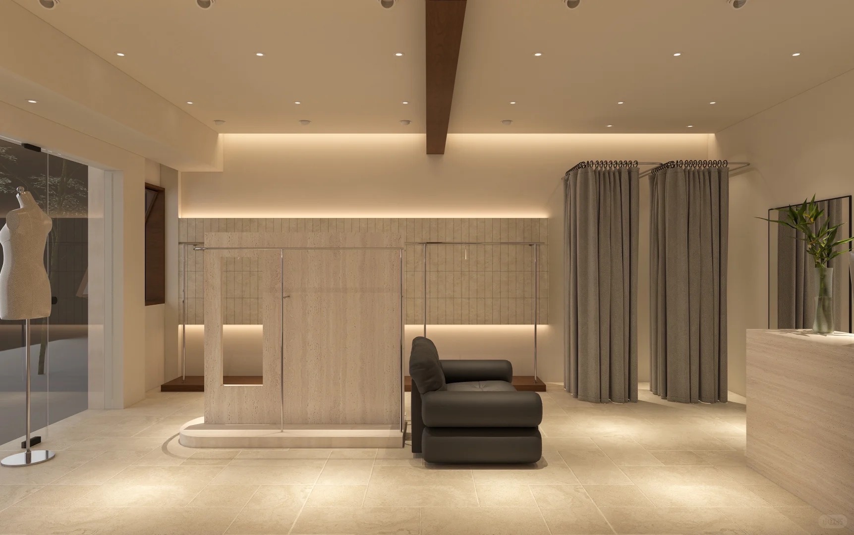 Full Travertine Light Minimal Women Clothing Store Interior Design