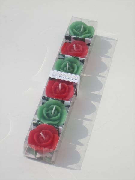 6pk Red & Green scented & assorted rose candle with printed label and packed into PVC box
