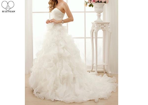 Organza Purfle A Line Bridal Gowns Off White Pleated Back Bandage Puffy Tail