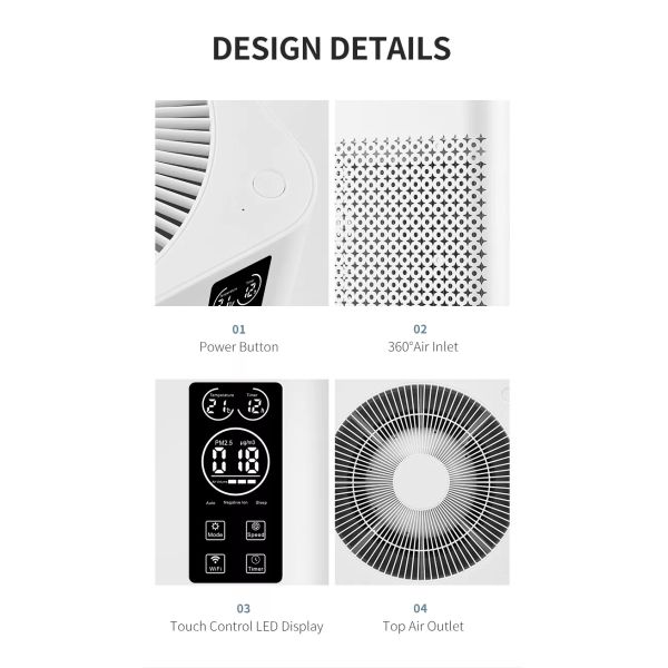 Purificadores de aire WIFI para el hogar Ionizador de aire Ozone Sala libre Hepa Filtro Smart Touch Control Equipo de purificación de aire para el hogar