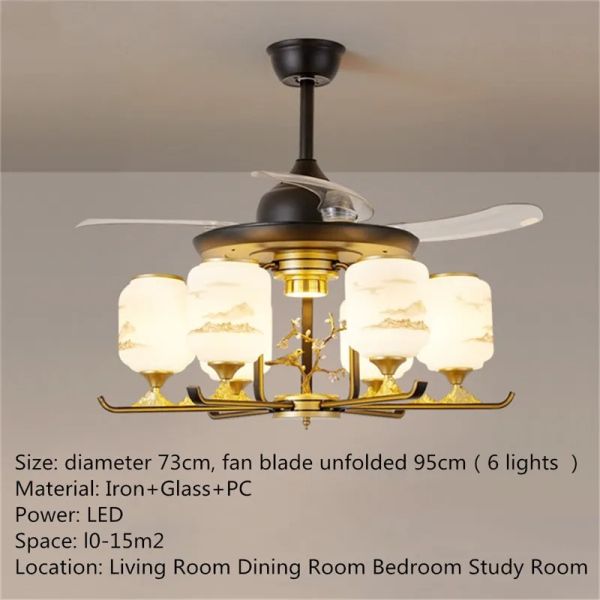 Luxury Ceiling Fan Light Remote LED Electric Fan Light with glass lampshade metal Stealth Fan Light (WH-VLL-28)