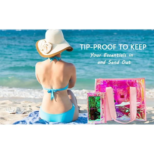 Holographic Iridescent Tote Bag Clear Travel Beach Bag Iridescent Shoulder Bag with Phone Pouch Waterproof Travel Tote for Women Work, Travel, Gym, Beach and Pool