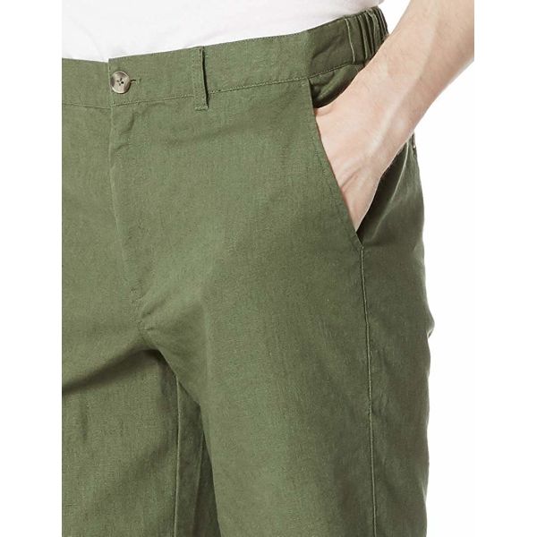 Olive Zipper Closure Mens Linen Shorts Drawstring 10 Inch Inseam Shorts