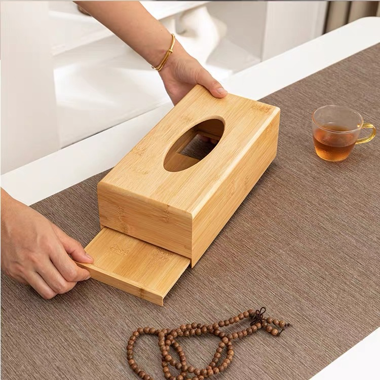 Modern Design Custom Logo Bamboo Tissue Box Hotel Amenity Storage Organizer Wood Dispenser for Advertising Gift Bulk