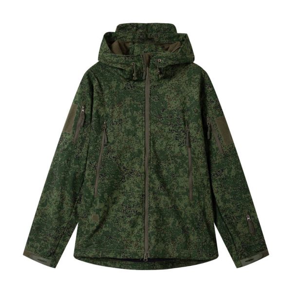 Windproof Fleece Lined Tactical Softshell Jacket with Adjustable Hood and Digital Camo